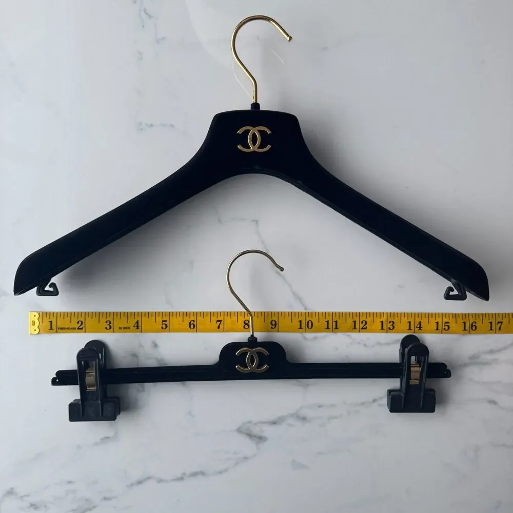 2pc Vintage Chanel Black Velvet Gold Tone CC Hardware Clothing Hangers